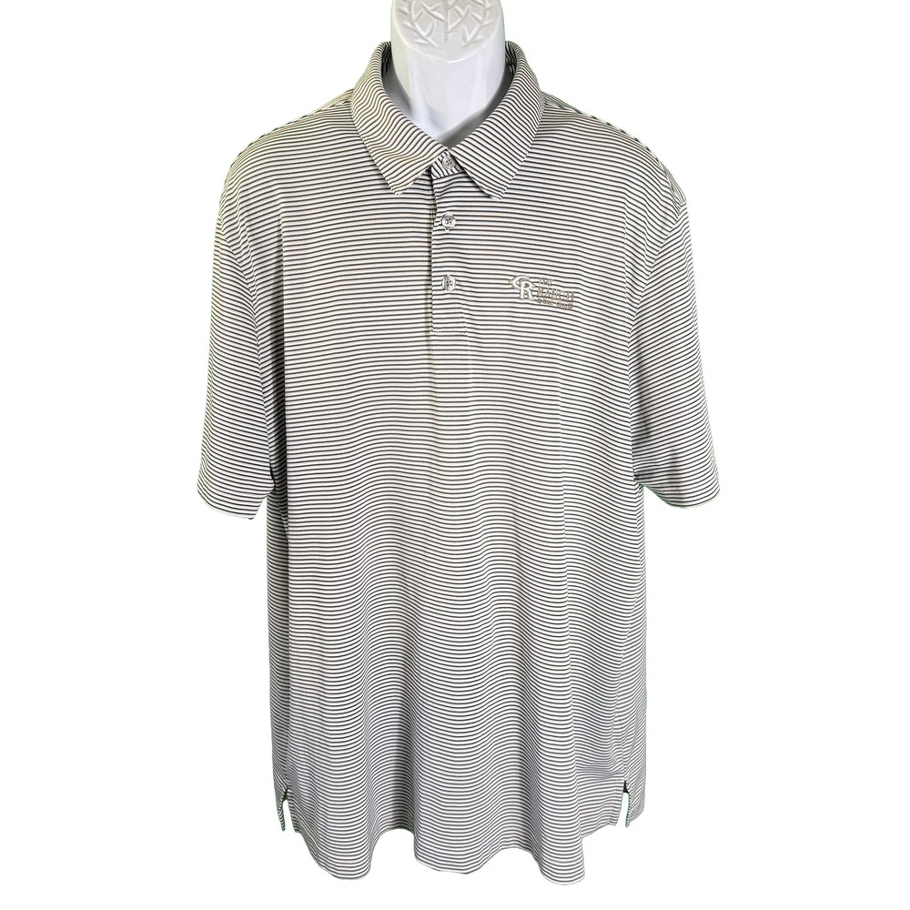 Ashworth Polo Shirt Mens 2XL Gray White Striped The Ranch Golf Club Short Sleeve